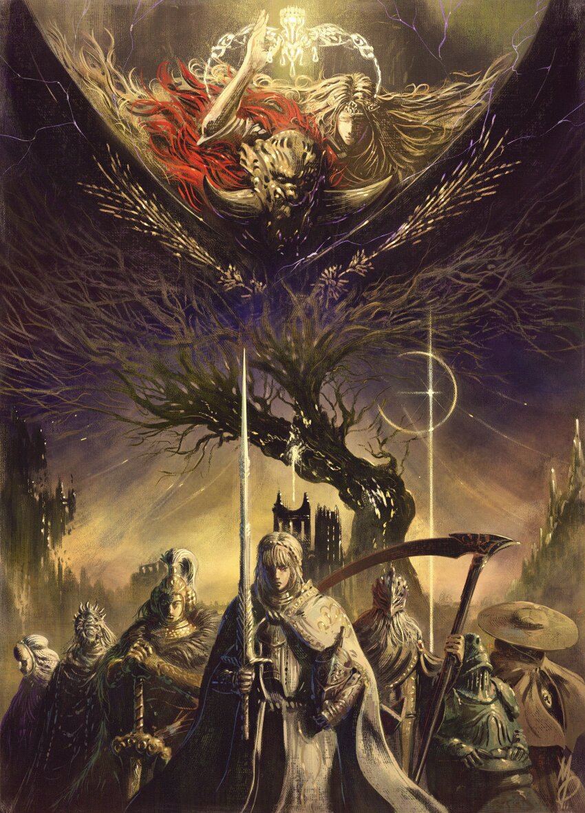 2girls 6+boys absurdres armor armor_under_clothes black_robe circlet cloak commentary dryleaf_dane elden_ring elden_ring:_shadow_of_the_erdtree english_commentary facial_hair fake_horns full_armor gauntlets gold_armor gold_circlet gold_helmet golden_cross_(elden_ring) grey_facial_hair half-siblings hand_up hat helm helmet highres holding holding_helmet holding_scythe holding_sword holding_weapon horned_helmet horns hornsent_(elden_ring) knight mask max58art miquella_(elden_ring) moore_(elden_ring) multiple_boys multiple_girls needle_knight_leda obscured_eyes ornate ornate_armor planted planted_sword planted_weapon plume promised_consort_radahn red_hair redmane_freyja robe scadutree_(elden_ring) scythe sir_ansbach starscourge_greatsword sword thiollier_(elden_ring) tree tunic weapon white_cloak white_hood white_mask white_tunic