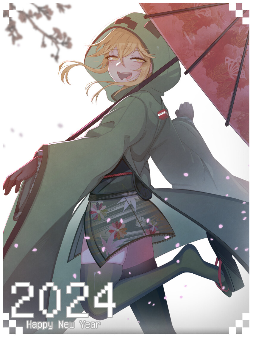 1girl 2024 absurdres adapted_costume at2. creeper cupa_(at2.) green_thighhighs happy_new_year highres holding holding_umbrella hood hood_up long_sleeves minecraft mob_talker new_year open_mouth orange_eyes orange_hair personification sandals short_hair_with_long_locks smile solo standing standing_on_one_leg thighhighs umbrella wide_sleeves