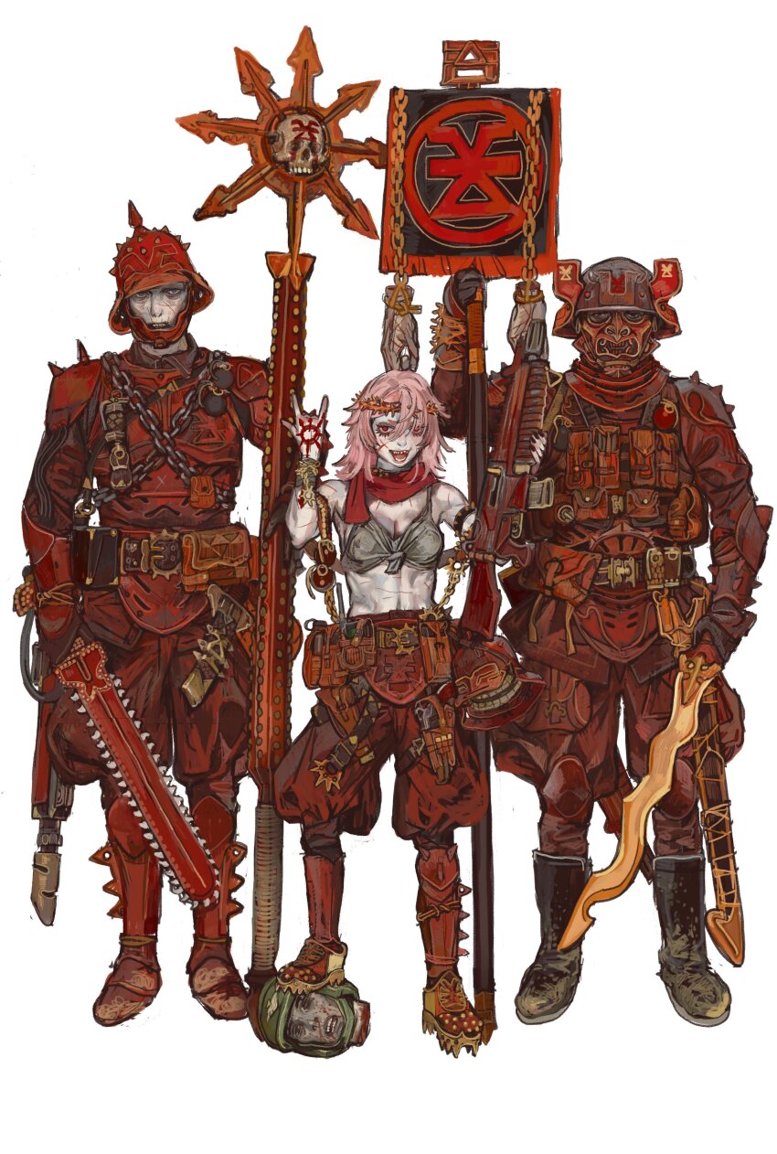 1girl 2boys abs absurdres armor banner belt boots chain chainsword chaos_(warhammer) crown_of_thorns gun helmet highres khorne_(symbol) looking_at_viewer magazine_(weapon) mossacannibalis multiple_boys open_mouth pink_hair red_eyes rifle shirt skull soldier sword warhammer_40k weapon white_background