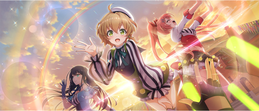 3girls :d \||/ ahoge bare_shoulders black_hair black_skirt blonde_hair blue_dress blue_gloves breasts cielo_(konosuba) closed_eyes cloud cloudy_sky cropped_jacket crowd dress erika_(konosuba) framed_breasts from_below game_cg gloves glowstick green_eyes green_ribbon hair_between_eyes hair_tie hand_on_own_thigh hand_up hat highres idol idol_clothes jacket juliet_sleeves kono_subarashii_sekai_ni_shukufuku_wo! konosuba!_fantastic_days large_breasts layered_skirt leaning_forward lia_(konosuba) light_blush long_hair long_sleeves looking_at_viewer looking_down medium_breasts midriff miniskirt multiple_girls neck_ribbon off-shoulder_dress off_shoulder official_alternate_costume official_art open_mouth oshi-katsu outdoors outstretched_arms pink_hair puffy_long_sleeves puffy_sleeves raglan_sleeves rainbow raised_eyebrows red_jacket ribbon short_hair single_sidelock skirt sky small_breasts smile stage striped_clothes sun sunlight sunset thighs twintails vertical-striped_clothes very_long_hair vest waistcoat waving wavy_hair white_hat white_sleeves