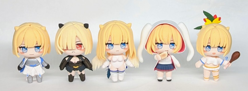 1girl angel_wings animal_ear_hood animal_ears armor bikini black_cape black_dress black_gloves blonde_hair blue_eyes blue_skirt blush blush_stickers bread bread_slice breastplate breasts brown_dust_(series) brown_dust_2 cape chibi chicken_(food) clay_(medium) cleavage closed_mouth demon_horns dress dual_persona eating eyebrows_hidden_by_hair fake_animal_ears fang figure food fried_chicken frilled_bikini frills full_body gauntlets gloves greaves grey_background hair_ornament hair_over_one_eye heuk_s holding holding_food hood hoodie horns justia_(blood_glutton)_(brown_dust) justia_(brown_dust) justia_(kendo_club)_(brown_dust) justia_(pool_party)_(brown_dust) justia_(reclaimed_destiny)_(brown_dust) leotard looking_at_viewer medium_breasts red_eyes school_uniform shadow simple_background skirt small_horns smile swimsuit toast unconventional_media vambraces white_bikini white_hoodie white_leotard white_skirt wings