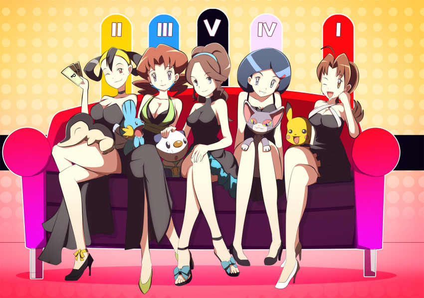 00s 10s 1990s_(style) 5girls ;) ;d ahoge ankle_ribbon banknote bare_shoulders black_dress black_hair blue_eyes blue_hair bow breasts brown_eyes brown_hair caroline_(pokemon) choker cleavage couch criss-cross_halter crossed_legs cyndaquil delia_ketchum dress eyeshadow flipped_hair gen_1_pokemon gen_2_pokemon gen_3_pokemon gen_4_pokemon gen_5_pokemon glameow grin hair_ornament hair_rings hairclip halterneck hand_on_own_knee happy head_rest headband high_heels highres indoors jewelry johanna_(pokemon) johto_mother knees_together_feet_apart large_breasts leg_ribbon lineup long_hair looking_at_viewer makeup mature_female miniskirt mole mole_under_eye money mother_(pokemon) mudkip multiple_girls nintendo one_eye_closed open_mouth orange_eyes oshawott pikachu pokedollar pokemon pokemon_(anime) pokemon_(classic_anime) pokemon_(creature) pokemon_bw pokemon_dppt pokemon_dppt_(anime) pokemon_gsc pokemon_rse pokemon_rse_(anime) ponytail red_eyes retro_artstyle ribbon sandals scrunchie shoes short_dress short_hair simple_background sitting skirt smile unova_mother_(bw) vivivoovoo wink