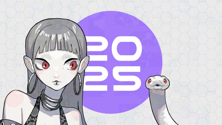 1girl 2025 animal bare_shoulders chinese_zodiac earrings face_piercing grey_hair highres honeycomb_(pattern) honeycomb_background hoop_earrings jewelry lip_piercing long_hair looking_at_animal neck_ring original piercing red_eyes snake snake_print tsurime white_snake year_of_the_snake yoshioka_suke