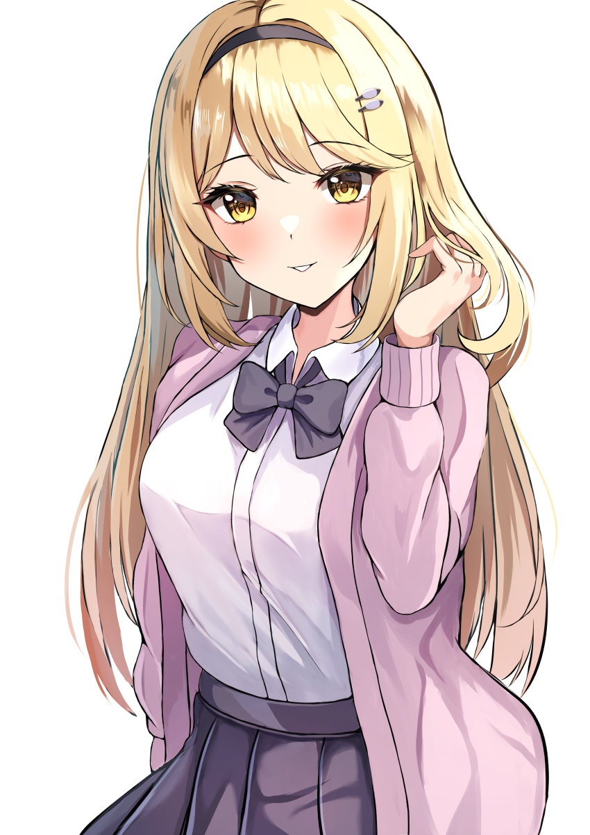 1girl absurdres adjusting_hair alternate_costume black_ribbon blonde_hair contemporary hairband highres kaede_(maple4rt) long_hair looking_at_viewer mythra_(xenoblade) parted pleated_skirt ribbon school_uniform skirt smile solo xenoblade_chronicles_(series) xenoblade_chronicles_2 yellow_eyes