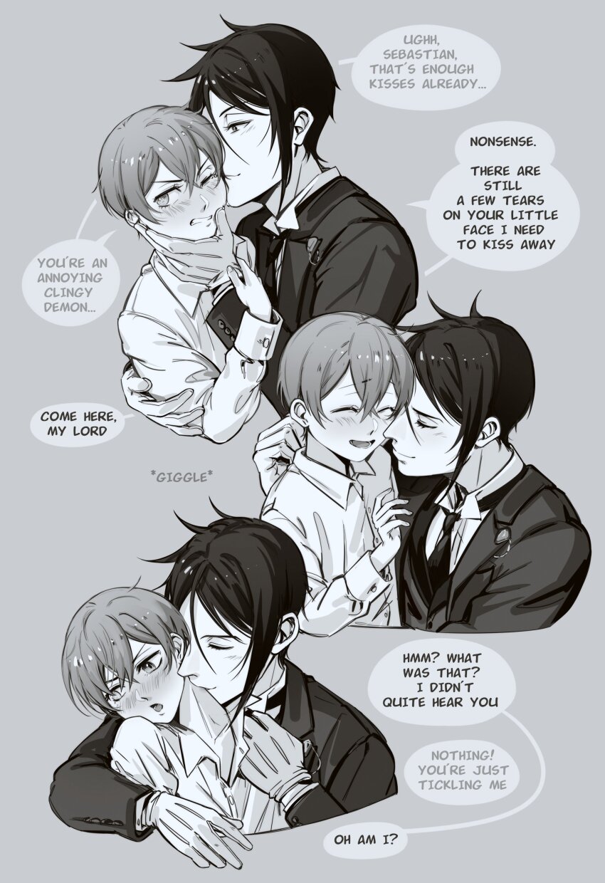 2boys absurdres black_hair black_suit blush child ciel_phantomhive formal_clothes greyscale hair_between_eyes highres kuroshitsuji long_sleeves male_focus monochrome multiple_boys sebastian_michaelis shirt short_hair suit uneasywolf white_shirt yaoi