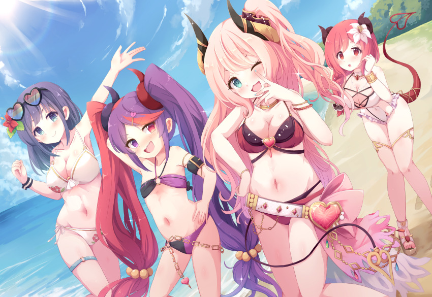 4girls :o absurdres arm_up armlet bad_tag beach belt bikini black_bikini black_horns black_tail blue_sky bracelet braid breasts bush cleavage collarbone cross-laced_clothes curled_horns demon_girl demon_horns demon_tail eyewear_on_head flat_chest floral_print flower frilled_one-piece_swimsuit frills hair_flower hair_ornament hair_over_shoulder hand_on_own_hip heart heart-shaped_eyewear heart_hair_ornament heart_tail heterochromia highres horns io_(princess_connect!) io_(summer)_(princess_connect!) jewelry large_breasts layered_bikini long_hair lucent_academy medium_breasts medium_hair misaki_(princess_connect!) misaki_(summer)_(princess_connect!) misora_(princess_connect!) misora_(summer)_(princess_connect!) multicolor-tinted_eyewear multicolored_bikini multicolored_hair multiple_girls navel nyxerebos o-ring o-ring_bikini o-ring_thigh_strap o-ring_top ocean one-piece_swimsuit one_eye_closed open_mouth pink_hair princess_connect! purple_bikini purple_eyes purple_hair rainbow-tinted_eyewear red_bikini red_eyes red_flower red_hair red_tail sandals side-tie_bikini_bottom side_ponytail single_wrist_cuff sky smile sunlight suzuna_(princess_connect!) suzuna_(summer)_(princess_connect!) swimsuit tail thigh_strap thighlet tinted_eyewear toes twintails two-tone_bikini two-tone_hair very_long_hair white_belt white_bikini white_flower white_one-piece_swimsuit wrist_cuffs