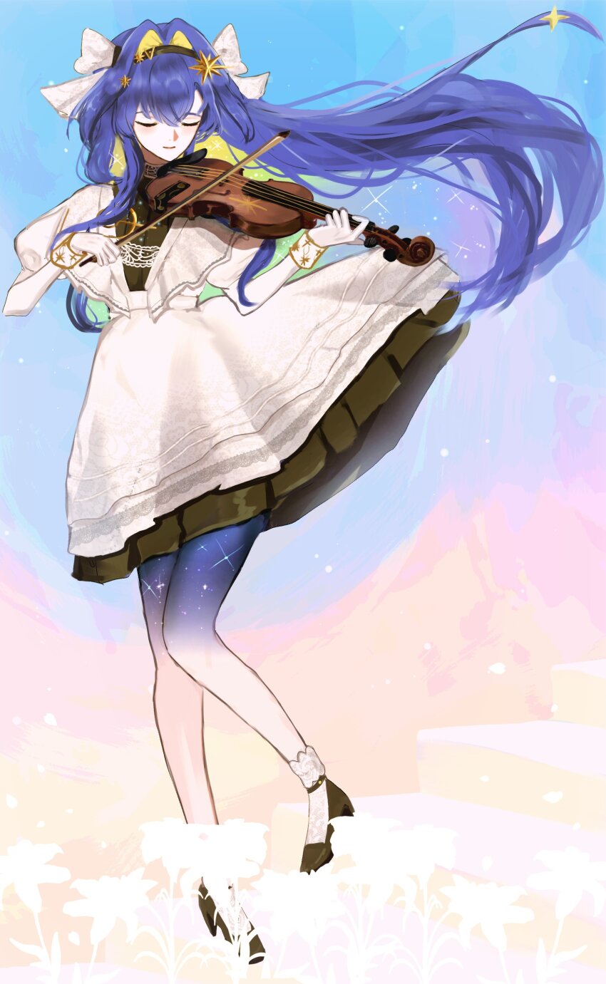 1girl absurdres black_shoes blonde_hair blue_background blue_hair bow_(music) closed_eyes colored_inner_hair dress floating_hair foot_up full_body gloves gradient_background gradient_hair hair_intakes high_heels highres holding holding_bow_(music) holding_instrument holding_violin instrument juliet_sleeves long_hair long_sleeves multicolored_hair music oakiee playing_instrument puffy_sleeves reverse:1999 shoes short_dress smile socks solo standing standing_on_one_leg starry_skin very_long_hair violin voyager_(reverse:1999) white_dress white_gloves white_socks yellow_background