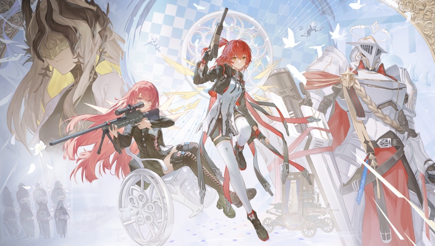 1boy 3girls absurdres ai_arctic_warfare angel arknights armor bird black_boots black_jacket black_shoes bolt_action boots cephas_(arknights) chinese_commentary commentary_request confess-47_(arknights) energy_wings exusiai_(arknights) exusiai_the_new_covenant_(arknights) fingerless_gloves flower full_armor gloves gun halo highres holding holding_gun holding_weapon jacket kriss_vector lace-up_boots lemuen_(arknights) looking_at_viewer multiple_girls open_clothes open_jacket pink_eyes pink_hair red_hair rifle sankta_miksaparato_(arknights) shoes sniper_rifle styx_mo_yu submachine_gun thigh_boots thighhighs weapon wheelchair white_flower white_thighhighs yellow_eyes