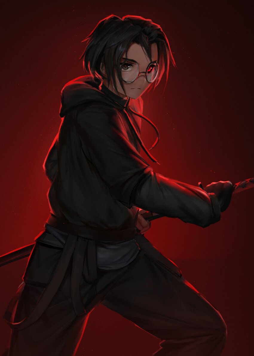 1boy black_background black_eyes black_gloves black_hair black_hoodie black_pants black_sash closed_mouth commission cowboy_shot fighting_stance fingerless_gloves glasses gloves grey_shirt hashtag-only_commentary heterochromia highres holding holding_sword holding_weapon hood hoodie light_particles looking_to_the_side male_focus numanoan original pants red_background red_eyes red_light round_eyewear sash shirt short_hair solo sword tight_clothes tight_shirt weapon