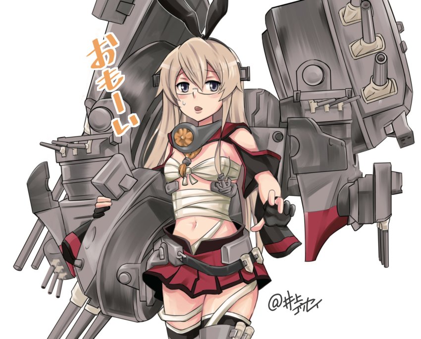 1girl anchor_hair_ornament animal_ears artist_name bespectacled blonde_hair breasts budget_sarashi cannon cape collar commentary_request cosplay fake_animal_ears female_focus fingerless_gloves glasses gloves grey_eyes hair_between_eyes hair_ornament hairband hand_up headgear highres inoue_kousei kantai_collection long_hair looking_at_viewer musashi_(kancolle) musashi_(kancolle)_(cosplay) navel partially_fingerless_gloves pleated_skirt rabbit_ears rigging sarashi shimakaze_(kancolle) ship_turret sidelocks skirt small_breasts solo standing sweatdrop thighhighs translation_request white_background