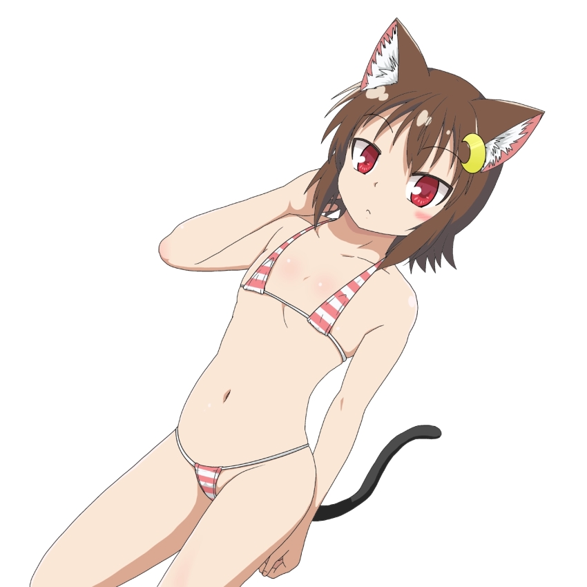 1girl animal_ear_fluff animal_ears bikini brown_hair cat_ears cat_girl cat_tail contrapposto crescent crescent_hair_ornament dutch_angle flat_chest frown hair_ornament highres micro_bikini mikazuki_neko mikazuki_neko_(character) navel original red_eyes solo striped_bikini striped_clothes swimsuit tail virtual_youtuber