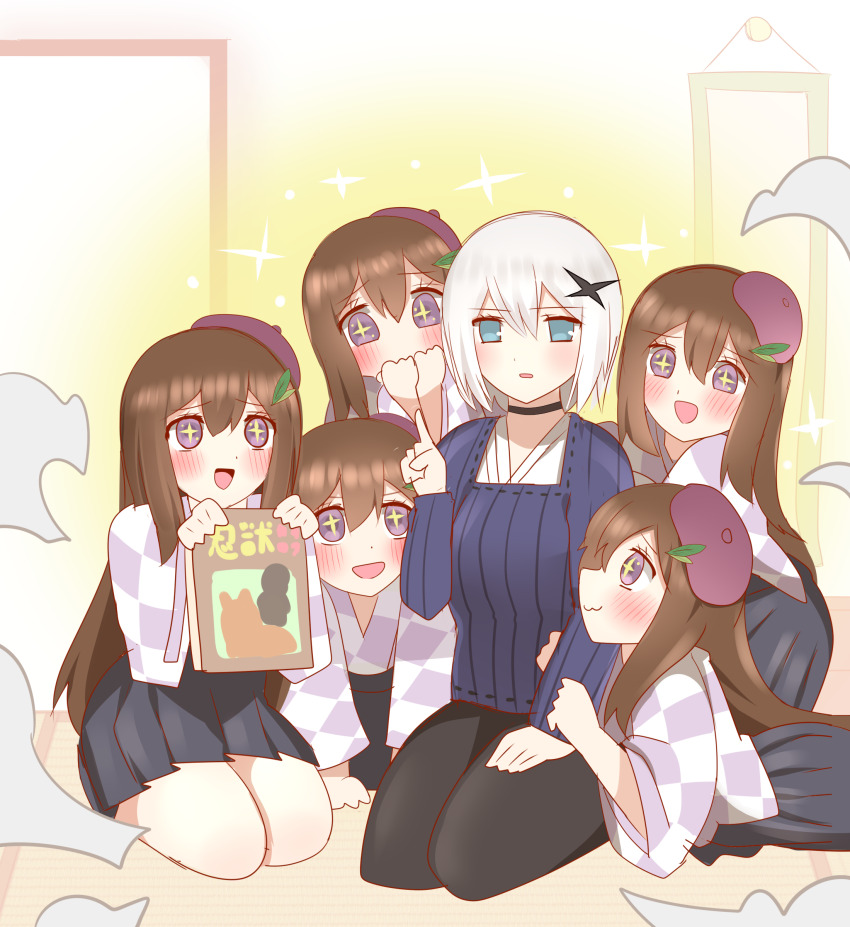 +_+ 6+girls :3 :d absurdres beret black_choker black_pants black_skirt blue_eyes blue_shirt brown_hair checkered_clothes checkered_kimono choker clone closed_mouth grey_hair hair_between_eyes hand_up hands_up hat highres index_finger_raised japanese_clothes kimono long_hair multiple_girls no_shoes non_(wednesday-classic) on_floor open_mouth original pants parted_lips pleated_skirt profile purple_eyes purple_hat ribbed_shirt seiza shirt sitting skirt smile smoke socks tatami tilted_headwear translation_request very_long_hair white_socks