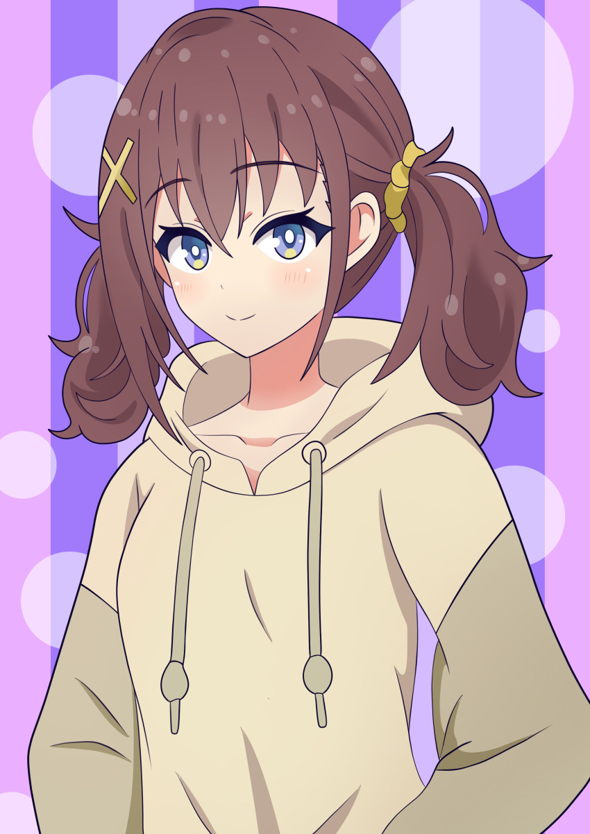 1girl absurdres anime_coloring blue_eyes blush breasts brown_hair collarbone drawstring furutachi_kurea hair_between_eyes hair_ornament hair_scrunchie hibi_wa_sugiredo_meshi_umashi highres hood hood_down hoodie kurogami1156 looking_at_viewer scrunchie smile solo twintails upper_body x_hair_ornament yellow_scrunchie