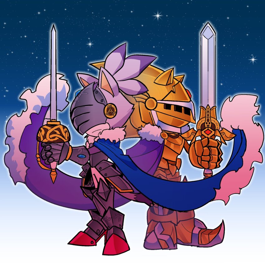 1boy 1girl armor back-to-back blaze_the_cat blue_cape blue_sky cape commentary commission english_commentary excalibur_sonic gold_armor highres holding holding_sword holding_weapon percival_(sonic) purple_cape raccoon_art4 rapier second-party_source sky sonic_(series) sonic_and_the_black_knight sonic_the_hedgehog standing star_(sky) sword weapon