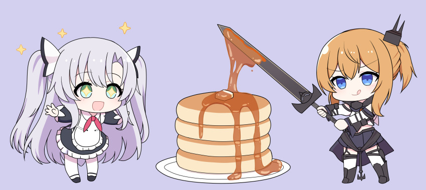+++ +_+ 2girls absurdres apron armored_boots azur_lane black_dress blonde_hair blue_background blue_capelet blue_eyes blue_skirt boots butter capelet chibi closed_mouth clothing_cutout collar commentary_request dress food frilled_dress frills full_body green_eyes hair_ornament heart highres huge_weapon licking_lips long_hair long_sleeves metal_collar multiple_girls neckerchief ognevoy_(azur_lane) one_side_up open_mouth oversized_food oversized_object pancake pancake_stack pantyhose pioneer_neckerchief plate red_neckerchief repulse_(azur_lane) repulse_(meta)_(azur_lane) school_uniform shoulder_cutout simple_background skirt smile soviet_school_uniform standing sumiboshi_(zatsuha) sword syrup thighhighs tongue tongue_out very_long_hair weapon white_apron white_hair white_pantyhose white_thighhighs