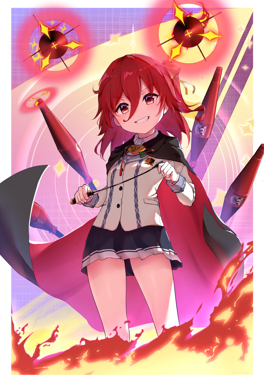 1girl absurdres black_cape blazer bow bowtie cape collared_shirt diagonal-striped_bow diagonal-striped_bowtie diagonal-striped_clothes dress_shirt fire grin hair_between_eyes hair_ribbon highres jacket long_sleeves medium_hair miniskirt one_side_up ongeki ousaka_akane pleated_skirt red_cape red_eyes red_hair ribbon rocket_launcher rpg_(weapon) school_uniform shirose_08s shirt skirt smile solo striped_clothes thighhighs two-sided_cape two-sided_fabric weapon white_jacket white_shirt yellow_ribbon zettai_ryouiki
