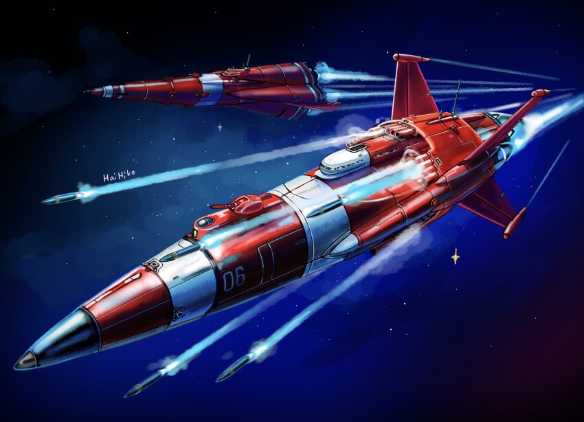 artist_name commentary_request hai_to_hickory highres missile no_humans original rocket_ship science_fiction signature space spacecraft star_(sky)