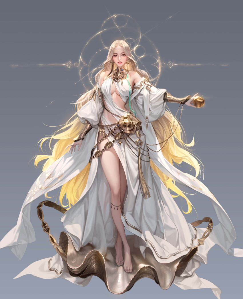 1girl absurdres apple asymmetrical_dress bare_legs barefoot blonde_hair dress food fruit full_body golden_apple gradient_background highres looking_at_viewer original parted_bangs simple_background solo taekwon_kim white_dress