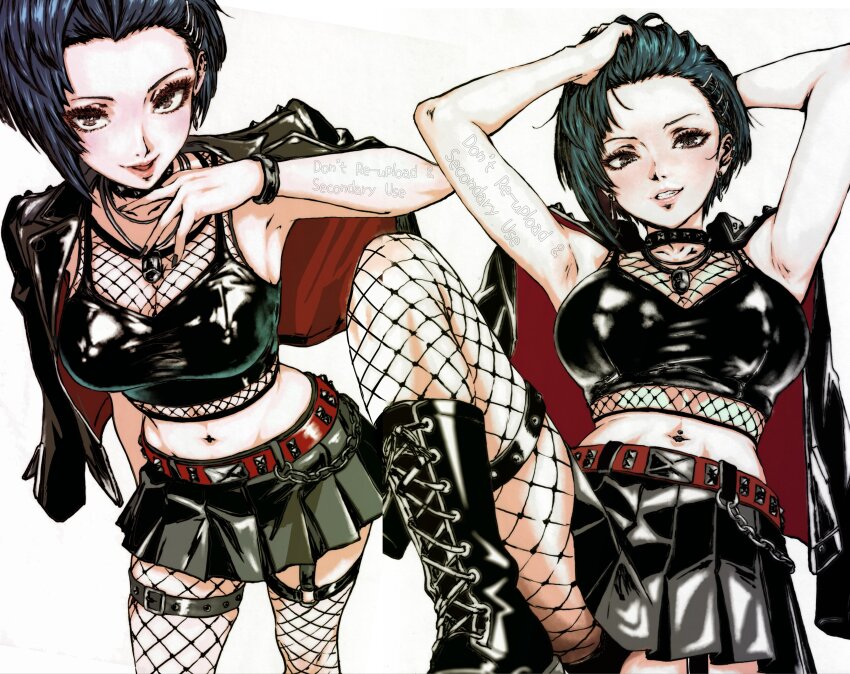 absurdres black_hair black_panties boots fishnets highres jacket jewelry leather leather_boots leather_bra leather_jacket leather_skirt necklace oeilvert_fft panties persona persona_5 short_hair skirt takemi_tae underwear