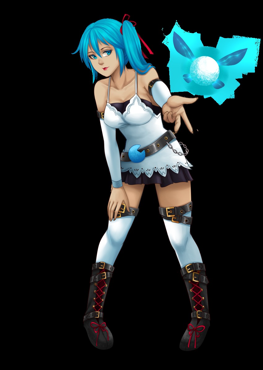 absurdres belt black_boots blue_eyes blue_hair boots breasts bug cleavage dress fairy firefly heihei_li highres insect kneehighs roland-gin socks solo white_dress