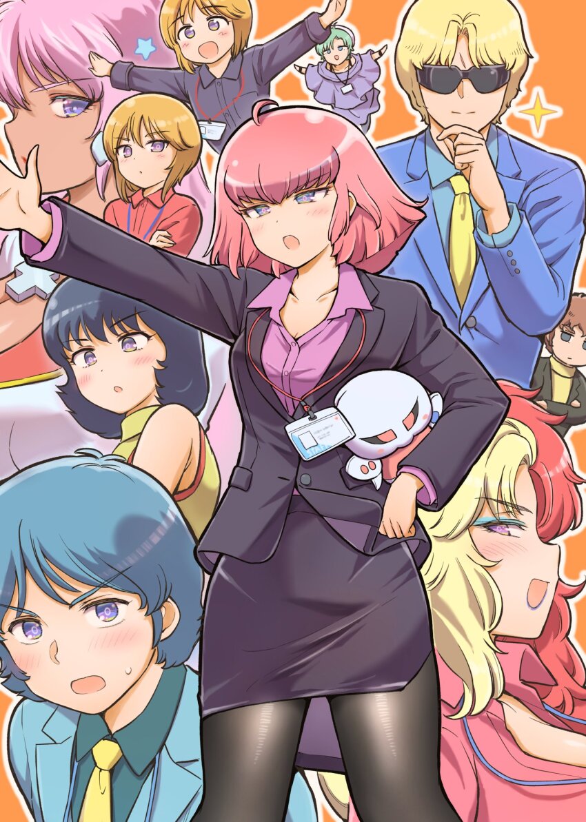 amuro_ray arasa_ol_haman-sama black_hair blonde_hair blue_eyes blue_hair breasts char_aznable chara_soon closed_mouth commentary_request elpeo_puru fa_yuiry formal_clothes four_murasame gundam haman_karn highres illia_pazom iwasaki_masakazu jacket kamille_bidan long_sleeves mecha medium_hair multicolored_hair multiple_boys multiple_girls official_art open_mouth orange_hair pink_hair purple_eyes puru_two qubeley red_hair robot short_hair skirt sleeveless smile split-color_hair star_(symbol) suit thighhighs two-tone_hair