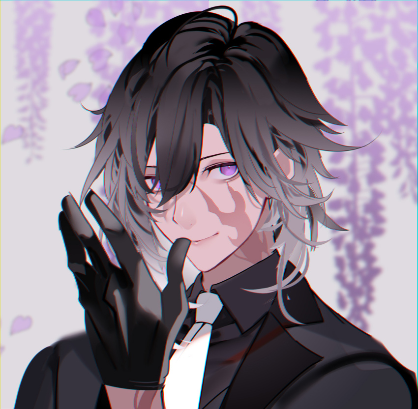 1boy arm_up black_gloves black_hair black_jacket black_shirt chinese_commentary collared_shirt commentary_request facial_scar flower gloves gradient_hair grey_hair hair_between_eyes highres jacket jikkyuu_mitsutada lapels lavender_(flower) looking_to_the_side male_focus multicolored_hair necktie notched_lapels open_clothes open_jacket purple_eyes scar scar_on_cheek scar_on_face scar_on_neck shirt sideways_glance solo suit_jacket touken_ranbu upper_body white_necktie wing_collar yuuki_kira