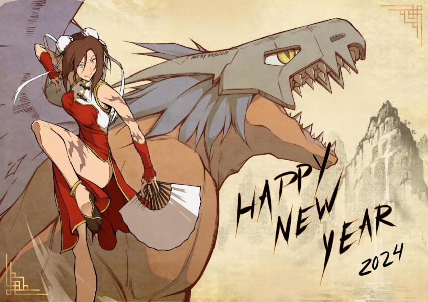 blue_hair brown_hair chinese_clothes chinese_zodiac digimon digimon_(creature) dragon highres himekawa_maki megadramon open_mouth sharp_teeth smile teeth year_of_the_dragon