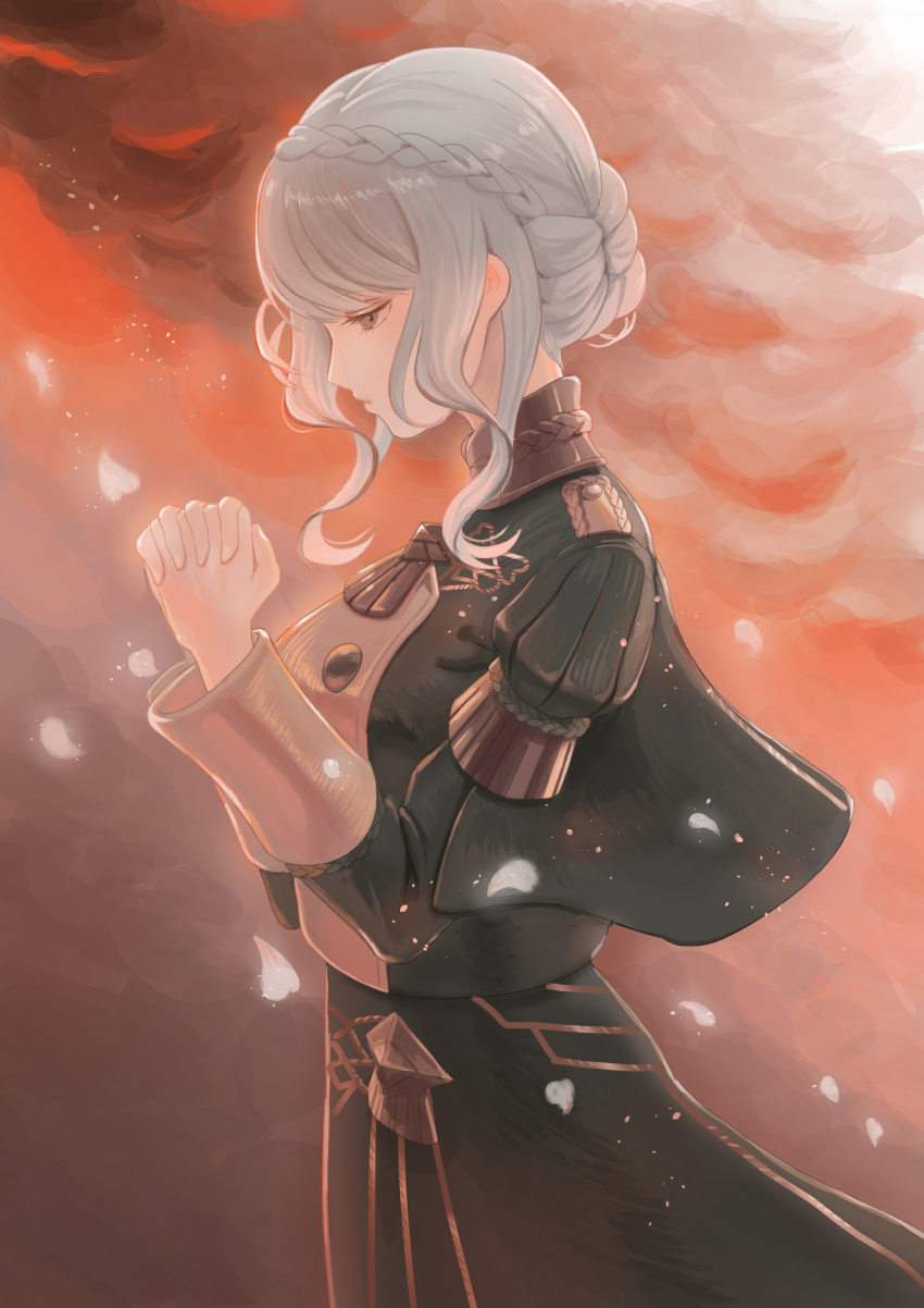 1girl absurdres blue_hair braid breasts brown_eyes buttons closed_mouth commentary_request crown_braid dangouo_ty fire_emblem fire_emblem:_three_houses from_side garreg_mach_monastery_uniform half-closed_eyes highres long_sleeves marianne_von_edmund medium_breasts nintendo outdoors own_hands_together petals short_hair sidelocks solo