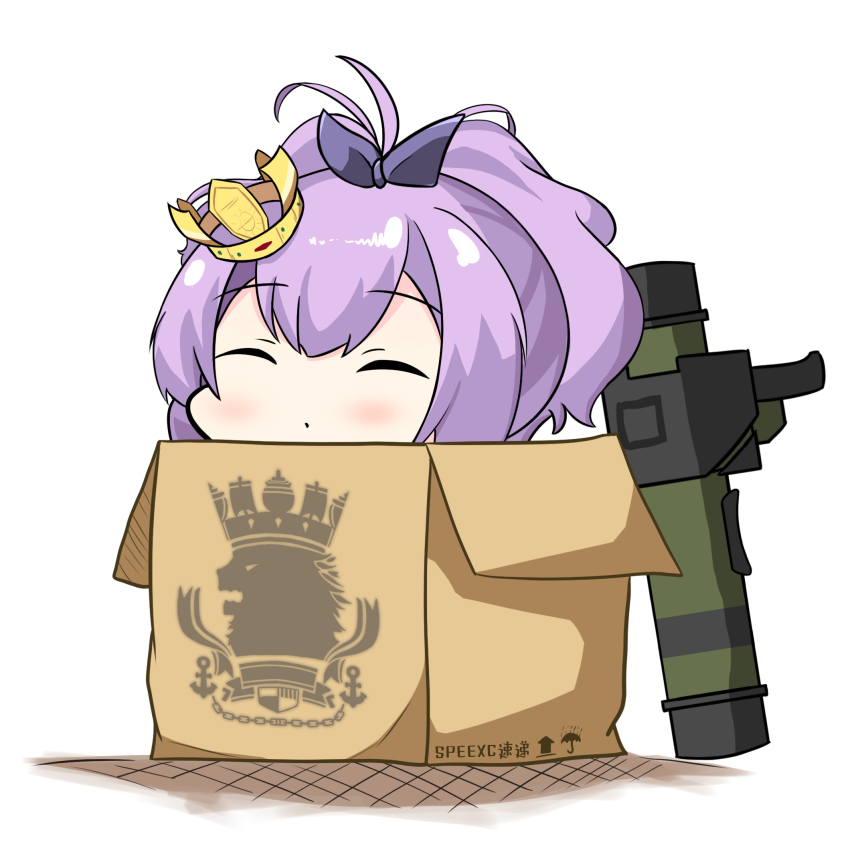 1girl azur_lane blush box chibi chinese_commentary closed_eyes commentary_request crown eyebrows_hidden_by_hair fgm-148_javelin highres in_box in_container javelin_(azur_lane) man-portable_anti-tank_systems mini_crown missile_launcher name_connection object_namesake purple_hair royal_navy_emblem_(azur_lane) speexc
