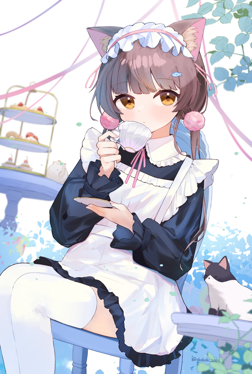 1girl absurdres animal_ears apron black_dress blunt_bangs brown_eyes brown_hair cake_stand cat cat_ears closed_mouth commentary_request cup dot_mouth dot_nose dress drinking expressionless fish_hair_ornament frilled_apron frilled_dress frilled_hairband frilled_sleeves frills hair_ornament hairband highres holding holding_cup holding_plate long_hair long_sleeves looking_at_viewer maid neck_ribbon on_chair original pink_hairband pink_ribbon plate pom_pom_(clothes) pom_pom_hair_ornament ribbon shishiodoshi sitting solo teacup thighhighs twintails twitter_username white_apron white_thighhighs