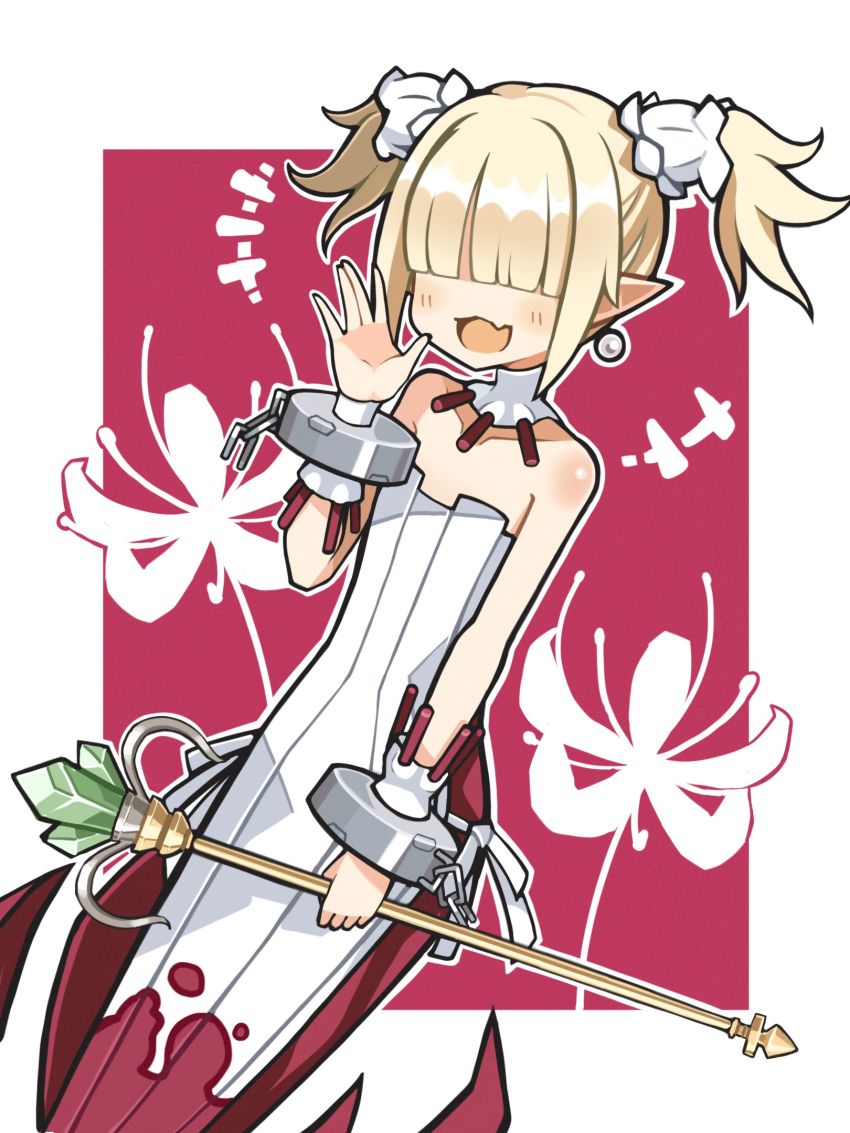 1boy :d androgynous bare_shoulders blonde_hair blunt_bangs body_blush border broken broken_chain chain collar collarbone cuffs demon_boy disgaea earrings fang floral_background flower hair_ornament hair_over_eyes hair_scrunchie highres holding holding_staff jewelry mage_staff makai_senki_disgaea_5 male_healer_(disgaea) open_mouth pointy_ears red_background red_robe robe scrunchie shackles short_hair short_twintails smile solo sphere_earrings spider_lily staff suaman trap twintails two-tone_robe white_border white_collar white_robe white_scrunchie