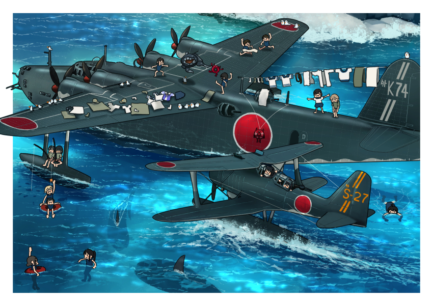 6+girls abyssal_ship aircraft airplane bird day enemy_lifebuoy_(kancolle) fairy_(kancolle) floatplane flying_boat h8k highres innertube kantai_collection multiple_girls ocean outdoors propeller roundel seagull seaplane shark standing_on_vehicle swim_ring swimming timmyyen unworn_clothes