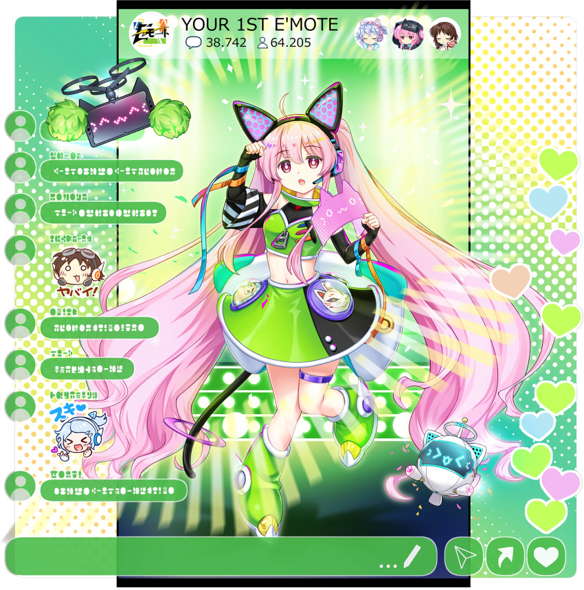 &gt;_&lt; 1girl alternate_costume alternate_hairstyle animal_ear_headphones animal_ears black_gloves black_skirt boots breasts chat_log drone elbow_gloves fake_animal_ears fingerless_gloves fox_mask game_cg gloves green_boots green_skirt hata_no_kokoro hata_no_kokoro_(multi-display3r) headphones headset heart highres hyottoko_mask long_hair looking_at_viewer mask merlin_prismriver merlin_prismriver_(second_eldest_memory_leaker) midriff multicolored_skirt navel official_art open_mouth paw_pose pink_eyes pink_hair pom_pom_(cheerleading) rotte_(1109) science_fiction skirt small_breasts solo sparkle thigh_strap third-party_source touhou touhou_lostword translation_request transparent_background tsukumo_yatsuhashi twintails user_interface very_long_hair