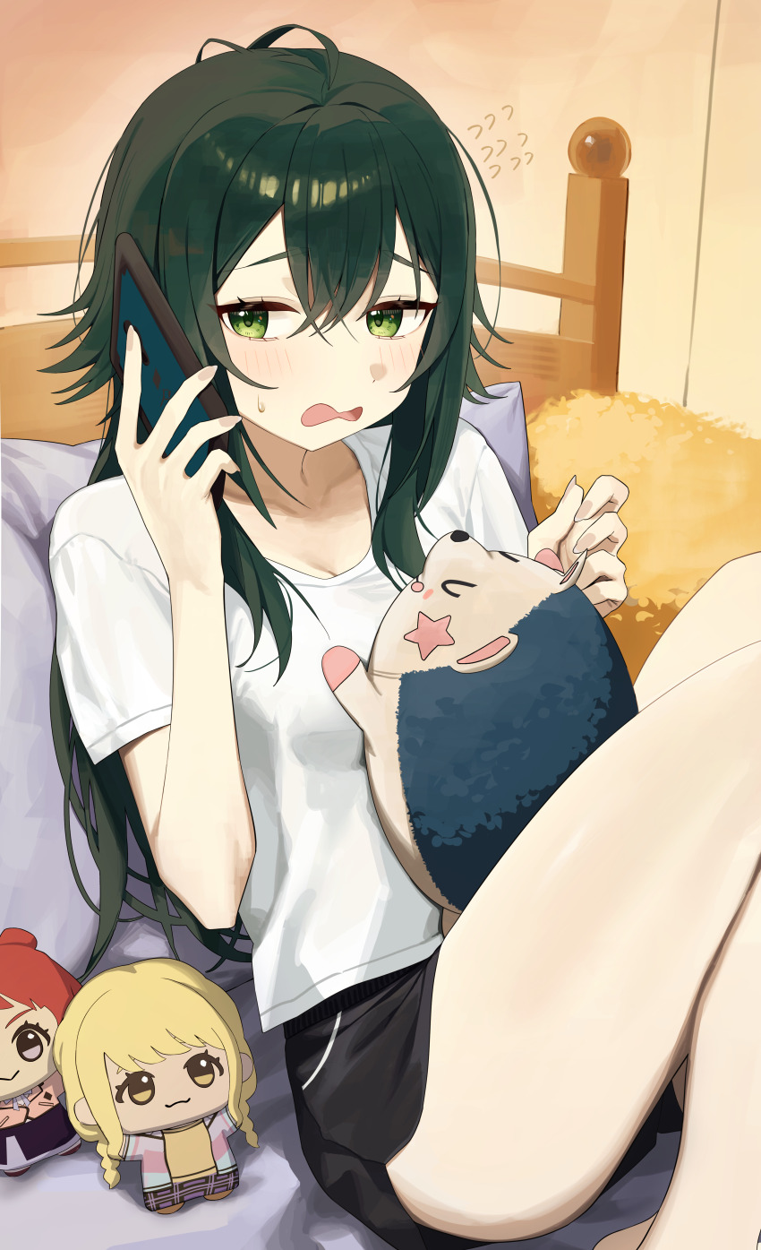 1girl :3 absurdres black_shorts blush character_doll chibigurumi commentary_request doll fingernails flying_sweatdrops fujita_kotone gakuen_idolmaster green_eyes green_hair hair_between_eyes hanami_saki highres holding holding_phone idolmaster indoors knees_up long_hair on_bed open_mouth paid_reward_available phone shirt short_shorts short_sleeves shorts stuffed_hedgehog syhan thighs tsukimura_temari white_shirt