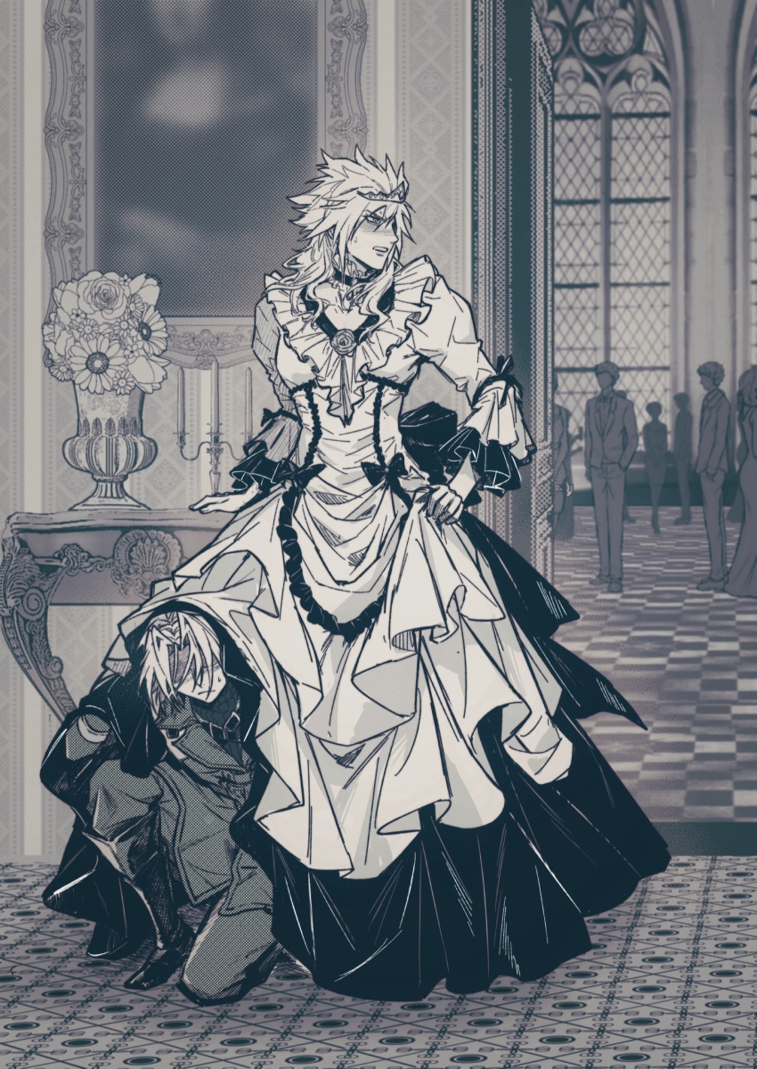 2boys aged_down black_bow black_choker black_footwear black_ribbon blush boots bouquet bow candle candlestand checkered_floor choker cloud_strife cloud_strife_(ball_gown) crossdressing crowd door dress embarrassed eyes_in_shadow final_fantasy final_fantasy_vii final_fantasy_vii_ever_crisis final_fantasy_vii_remake fine_art_parody flower frilled_dress frilled_sleeves frills frogccc333 furrowed_brow hiding hiding_behind_another highres holding holding_unworn_clothes indoors jacket juliet_sleeves knee_boots kneeling lace-trimmed_choker lace_trim long_dress long_hair long_sleeves looking_to_the_side male_focus mansion military military_uniform mona_lisa monochrome multiple_boys official_alternate_costume official_alternate_hairstyle open_door painting_(object) pants parody picture_frame puffy_sleeves ribbon rose sephiroth sephiroth_(ever_crisis) short_hair spiked_hair stained_glass standing sweatdrop tiara vase window