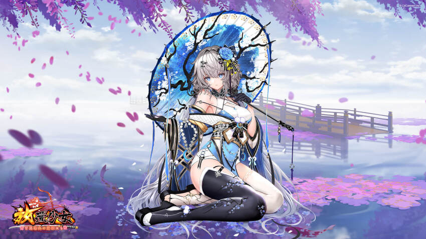 1girl \||/ black_gloves blue_eyes blue_flower blue_rose bridge character_request cleavage_cutout closed_mouth clothing_cutout copyright_logo floral_print flower flower_on_liquid gloves grey_hair hair_flower hair_ornament hand_up highres holding holding_umbrella houchi_shoujo koi logo long_hair mismatched_boots mismatched_thighhighs off_shoulder official_art oil-paper_umbrella outdoors pink_flower rose seiza sitting sitting_on_water solo umbrella umbrella_over_shoulder very_long_hair wisteria yokozuwari