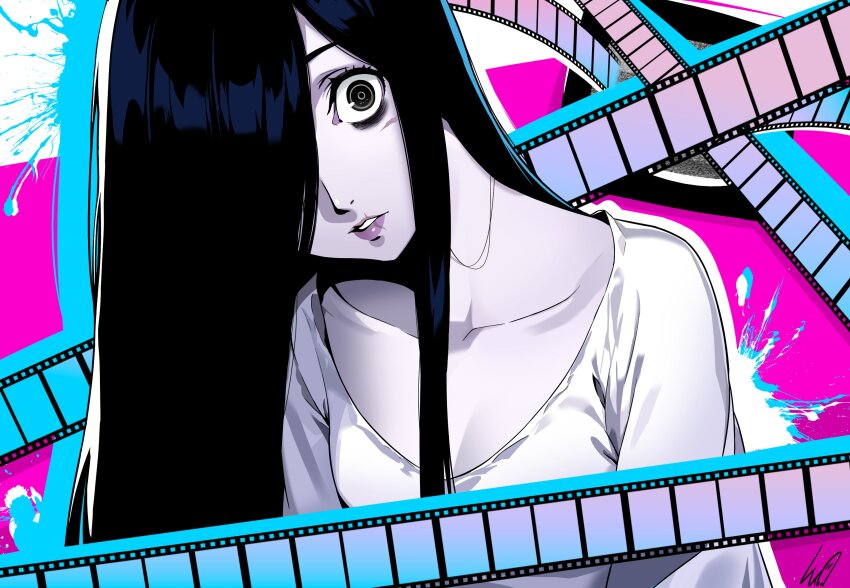 1girl black_eyes black_hair blue_background colored_skin commentary english_commentary film_strip grey_skin highres long_hair looking_at_viewer lughost parted_lips pink_background purple_lips shirt soejima_shigenori_(style) solo static television the_ring white_background white_shirt yamamura_sadako
