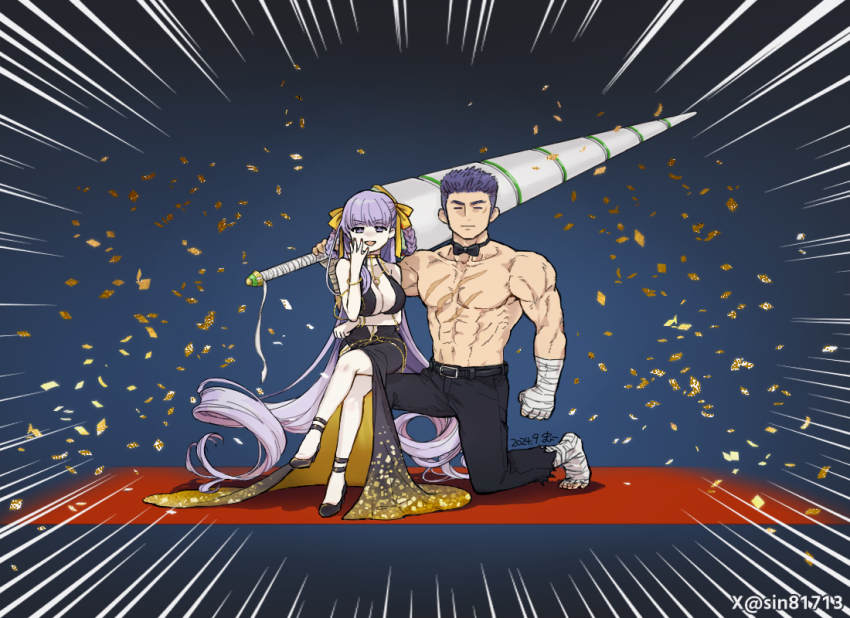 1boy 1girl bandaged_arm bandaged_leg bandages bb_dubai_(fate) belt black_belt black_bow black_bowtie black_dress black_pants bow bowtie bracelet breasts caladbolg_(fate) confetti crossed_legs dated dress emphasis_lines fate/grand_order fate_(series) fergus_mac_roich_(fate) hair_rings jewelry large_breasts long_hair nail_polish on_one_knee over_shoulder pants purple_eyes purple_hair red_carpet scar scar_on_chest sin81713 sitting sitting_on_person topless_male twitter_username weapon weapon_over_shoulder