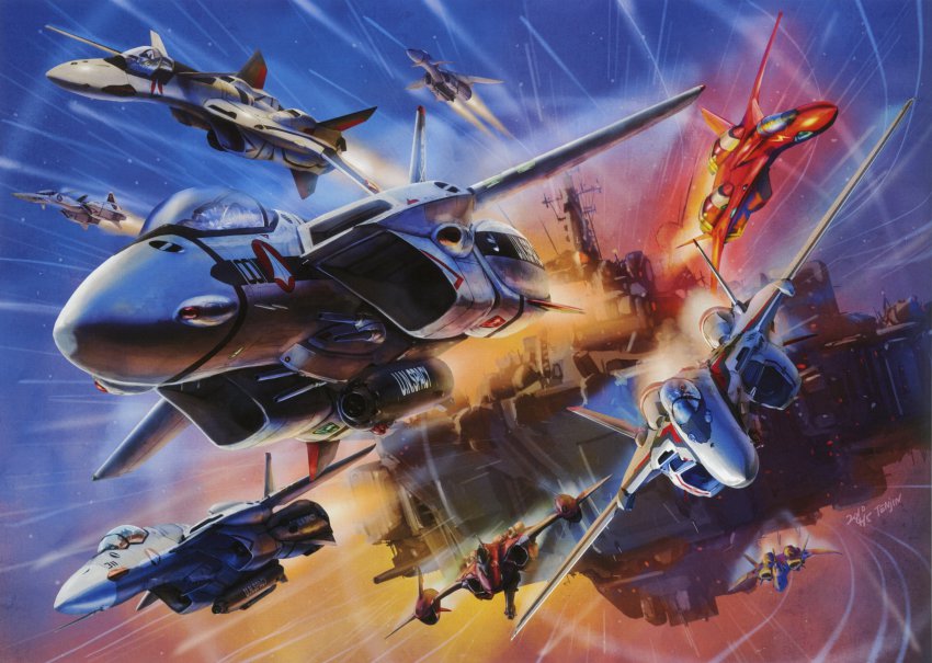 00s 1990s_(style) absurdres aircraft airplane canards cannon choujikuu_yousai_macross contrail epic fire_valkyrie fleet flying gunpod highres jet macross macross:_do_you_remember_love? macross_7 macross_flashback_2012 macross_frontier macross_plus macross_zero mecha n.u.n.s. no_humans non-web_source official_art realistic retro_artstyle robot s.m.s. scan science_fiction sdf-1 spacecraft tenjin_hidetaka u.n._spacy vehicle_focus vf-0 vf-1 vf-11 vf-19 vf-1s vf-25 vf-27 vf-4 yf-19 yf-21