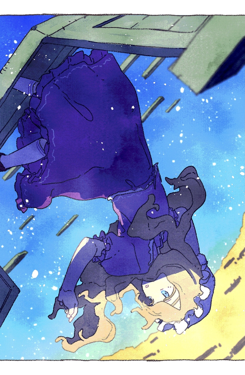1girl blonde_hair blue_eyes commentary dress feet_out_of_frame highres long_hair maribel_hearn nama_udon open_mouth purple_dress short_sleeves socks solo touhou upside-down white_socks