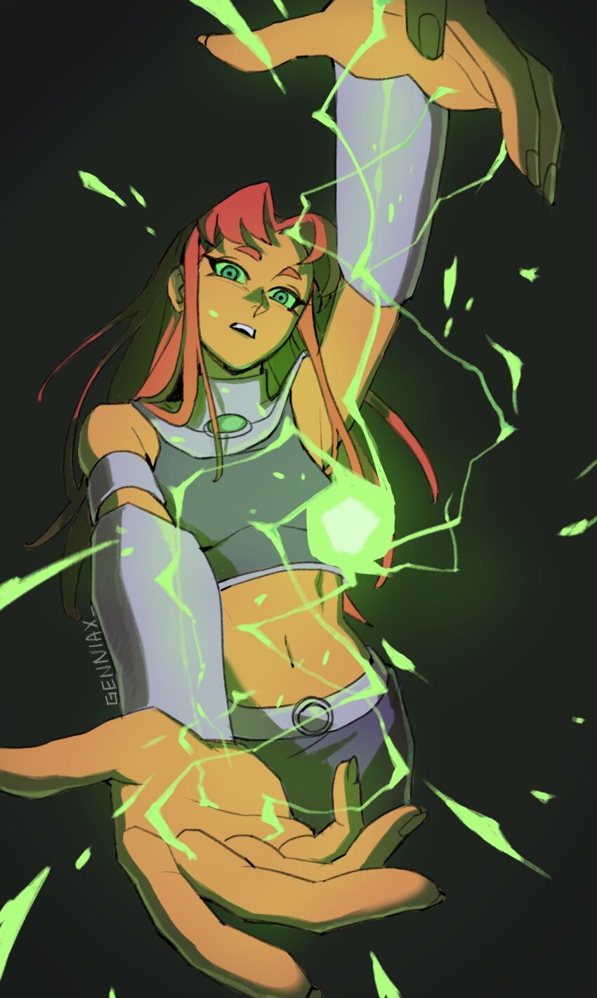 1girl artist_name black_background bracer colored_sclera colored_skin dc_comics energy_ball foreshortening genniax green_eyes green_sclera highres long_hair looking_at_viewer midriff navel open_mouth orange_skin red_hair sidelocks sleeveless solo starfire stomach superhero_costume teen_titans teen_titans_(tv_series)