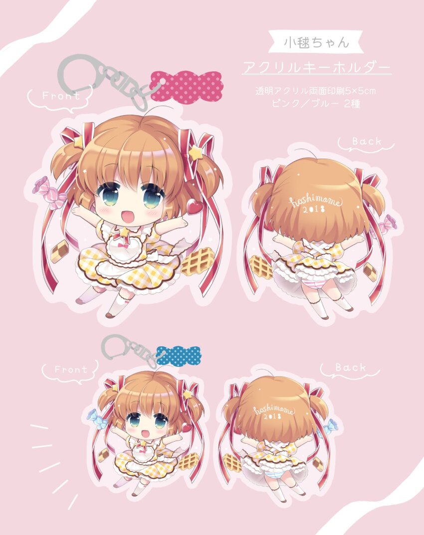 1girl 2018 :d ahoge alternate_costume apron aqua_eyes artist_name blonde_hair blush candy character_name chibi colored_eyelashes commentary_request dated detached_collar dress eyes_visible_through_hair food frilled_apron frills from_behind hair_between_eyes hair_ribbon heart heart_apron highres hoshimame_mana kamikita_komari kneehighs little_busters! long_ribbon looking_at_viewer multiple_views neck_ribbon notice_lines open_mouth outstretched_arms panties pantyshot pink_background plaid_clothes plaid_dress puffy_short_sleeves puffy_sleeves red_ribbon ribbon short_hair short_sleeves simple_background smile socks speech_bubble star_(symbol) striped_clothes striped_panties two_side_up underwear waist_apron waitress white_apron white_socks yellow_dress