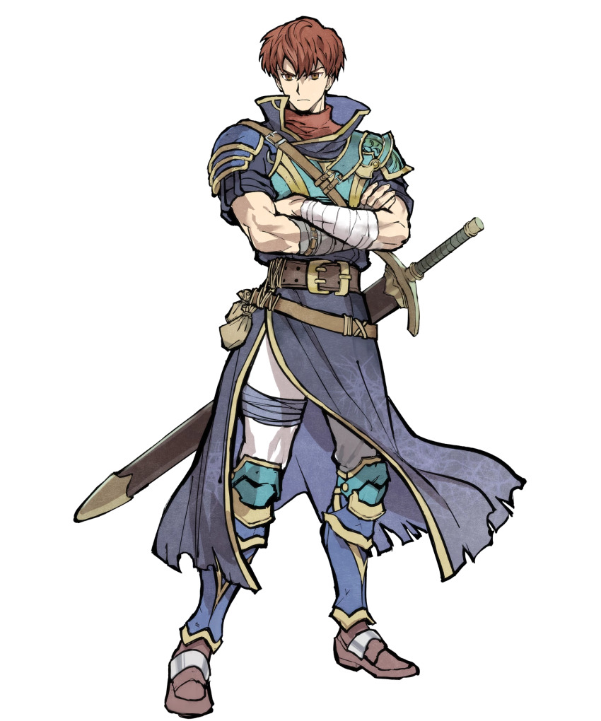 1boy akira_(kaned_fools) armor bandages belt brown_eyes brown_hair chest_armor crossed_arms fire_emblem fire_emblem:_the_blazing_blade fire_emblem_heroes full_body highres leg_armor looking_at_viewer male_focus mercenary nintendo non-web_source official_art raven_(fire_emblem) short_sleeves solo sword transparent_background weapon