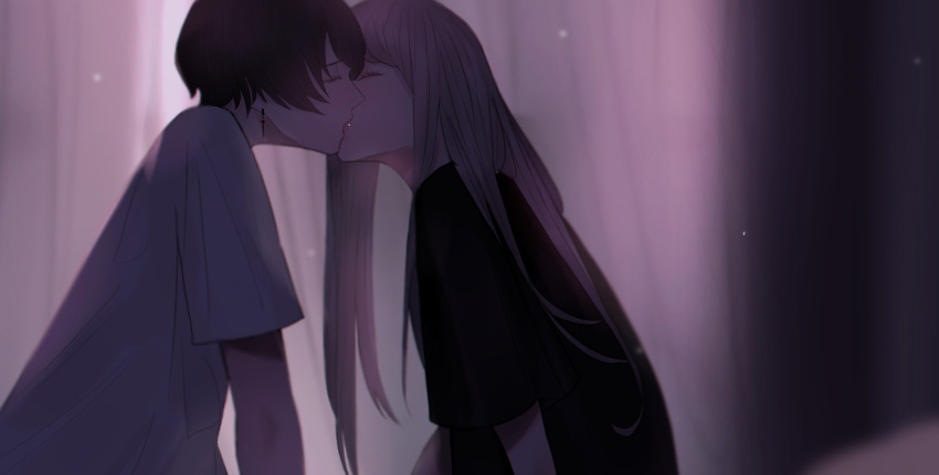 1boy 1girl absurdres androgynous black_shirt blonde_hair brown_hair closed_eyes couple cross cross_earrings curtains earrings from_side hetero highres indoors jewelry kiss latin_cross long_hair mano_aaa multiple_girls original profile shirt short_hair short_sleeves t-shirt upper_body white_shirt