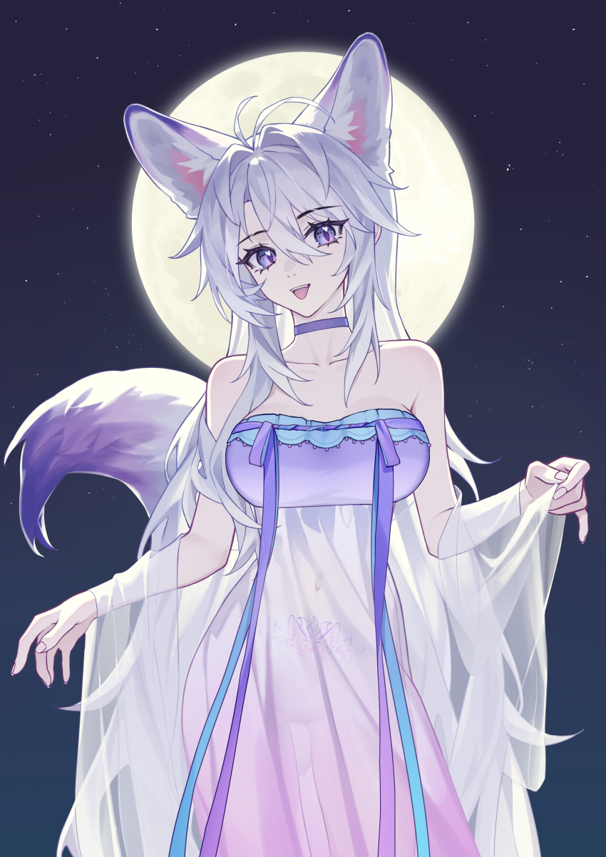 1girl :d absurdres animal_ears bare_shoulders bottomless breasts choker cleavage collarbone commentary_request covered_navel cowboy_shot dress extra_ears fox_ears fox_girl full_moon hair_between_eyes highres large_breasts long_hair looking_at_viewer meng_xi_xuan moon night night_sky nightgown open_mouth original pubic_tattoo pubic_tattoo_through_clothing purple_choker purple_eyes revision see-through_clothes see-through_dress sidelocks sky smile standing tail tattoo very_long_hair white_dress white_hair