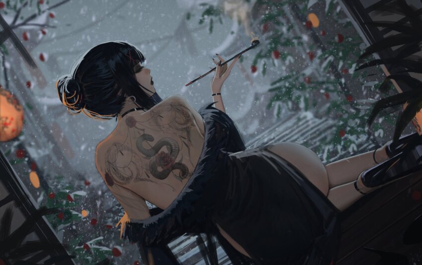 1girl ass back_tattoo bare_back bare_shoulders black_dress black_hair black_lips black_shoes blurry blurry_background commentary dress english_commentary fingernails from_behind fur_trim hair_bun high_heels highres holding holding_smoking_pipe long_fingernails neo_(neorarty3) original shoes side_slit sidelocks sitting sitting_sideways smoking_pipe snow solo tattoo