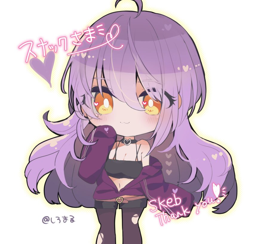 1girl ahoge belt black_choker breasts brown_belt chibi choker cleavage commentary_request commission crop_top highres hinamori_sumire indie_virtual_youtuber jacket large_breasts long_hair long_sleeves ovoip pantyhose purple_hair purple_jacket short_shorts shorts skeb_commission sleeves_past_fingers sleeves_past_wrists smile solo torn_clothes torn_pantyhose translation_request virtual_youtuber yellow_eyes