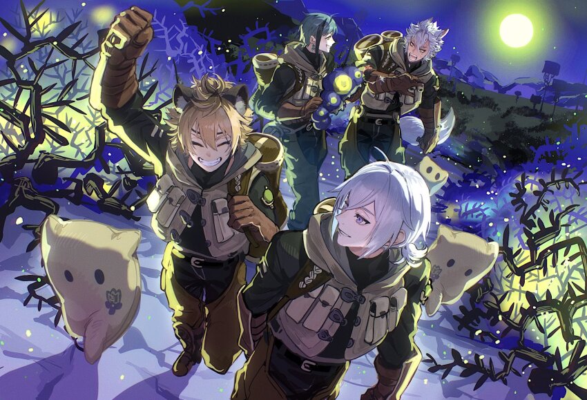 4boys animal_ear_fluff animal_ears arm_up backpack bag bare_tree black_hair blonde_hair blue_hair brown_gloves brown_pants brown_vest bug chaps clenched_hand closed_eyes commentary_request dark-skinned_male dark_skin firefly floyd_leech full_body full_moon gloves grey_eyes grey_hair grin hiking hyena_ears insect jack_howl jip looking_at_another male_focus moon multicolored_hair multiple_boys night night_sky outdoors pants ruggie_bucchi short_hair silver_vanrouge sky smile streaked_hair tail tree twisted_wonderland vest wolf_boy wolf_ears wolf_tail yellow_eyes