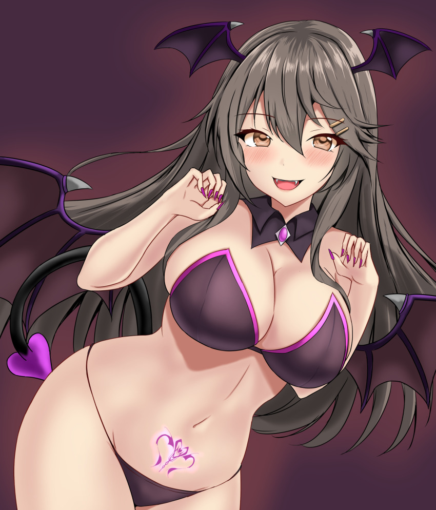 1girl black_hair black_panties breasts corset demon_horns demon_tail demon_wings detached_collar fake_tail hair_ornament hairband halloween_costume haruna_(kancolle) head_wings highres horns kantai_collection large_breasts long_hair montemasa panties stomach_tattoo tail tattoo underwear vampire wings