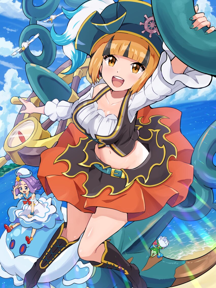 2girls absurdres acerola_(pokemon) acerola_(summer_2024)_(pokemon) belt black_hair blue_hat blue_nails blue_sailor_collar blush breasts commentary_request dhelmise dress gardenia_(pokemon) gardenia_(summer_2024)_(pokemon) gen_4_pokemon gen_5_pokemon gen_7_pokemon glint hair_ornament happy hat highres jellicent jellicent_(male) large_breasts long_sleeves looking_at_viewer multicolored_hair multiple_girls nail_polish navel neckerchief nintendo official_alternate_costume open_mouth orange_eyes orange_hair pirate pirate_costume pirate_hat pokemoa pokemon pokemon_(creature) pokemon_masters_ex purple_eyes purple_hair red_neckerchief roserade sailor sailor_collar sailor_dress sailor_hat short_hair sleeveless smile teeth two-tone_hair upper_teeth_only white_dress white_hat